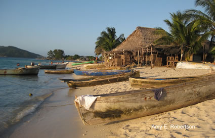 洪都拉斯海滩上的独木舟